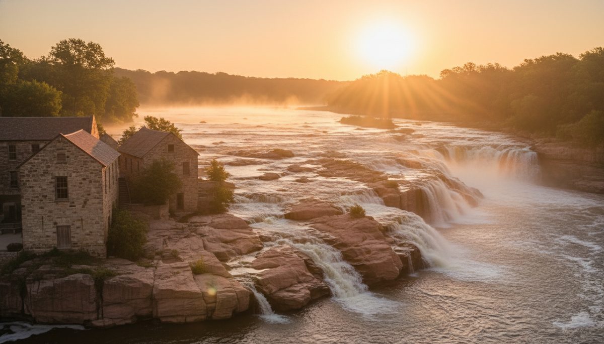 The falls of the Big Sioux River at sunrise with cascading water over pink quartzite stone.