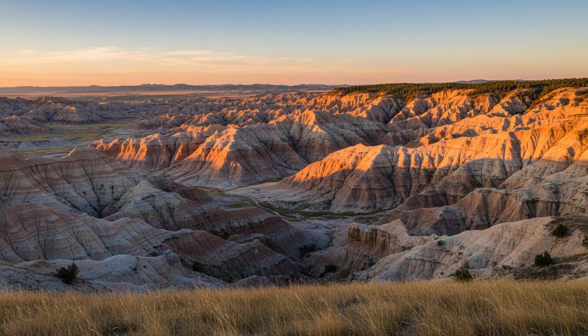 Badlands National Park rock formations at golden-hour sunset, with eroded spires and prairie foreground.