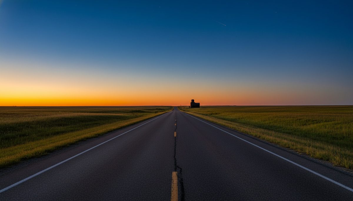 An empty rural Plains highway at twilight cutting across rolling prairie with a distant grain elevator silhouette.